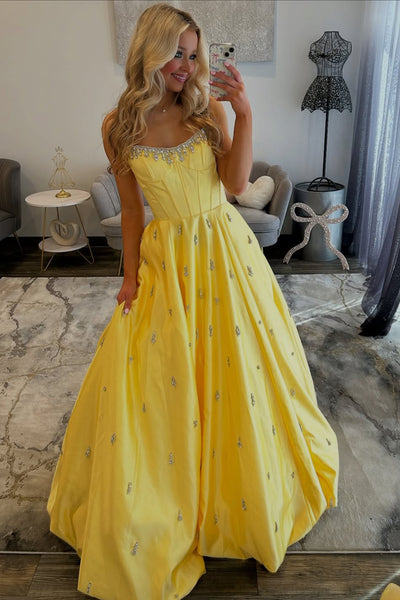 Gorgeous Ball Gown Scoop Neck Yellow Satin Prom Dress with Beading AB26031308