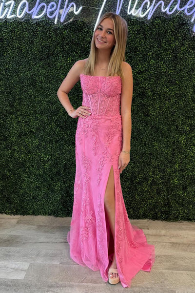 Cute Mermaid Scoop Neck Pink Lace Prom Dress with Slit AB26012407