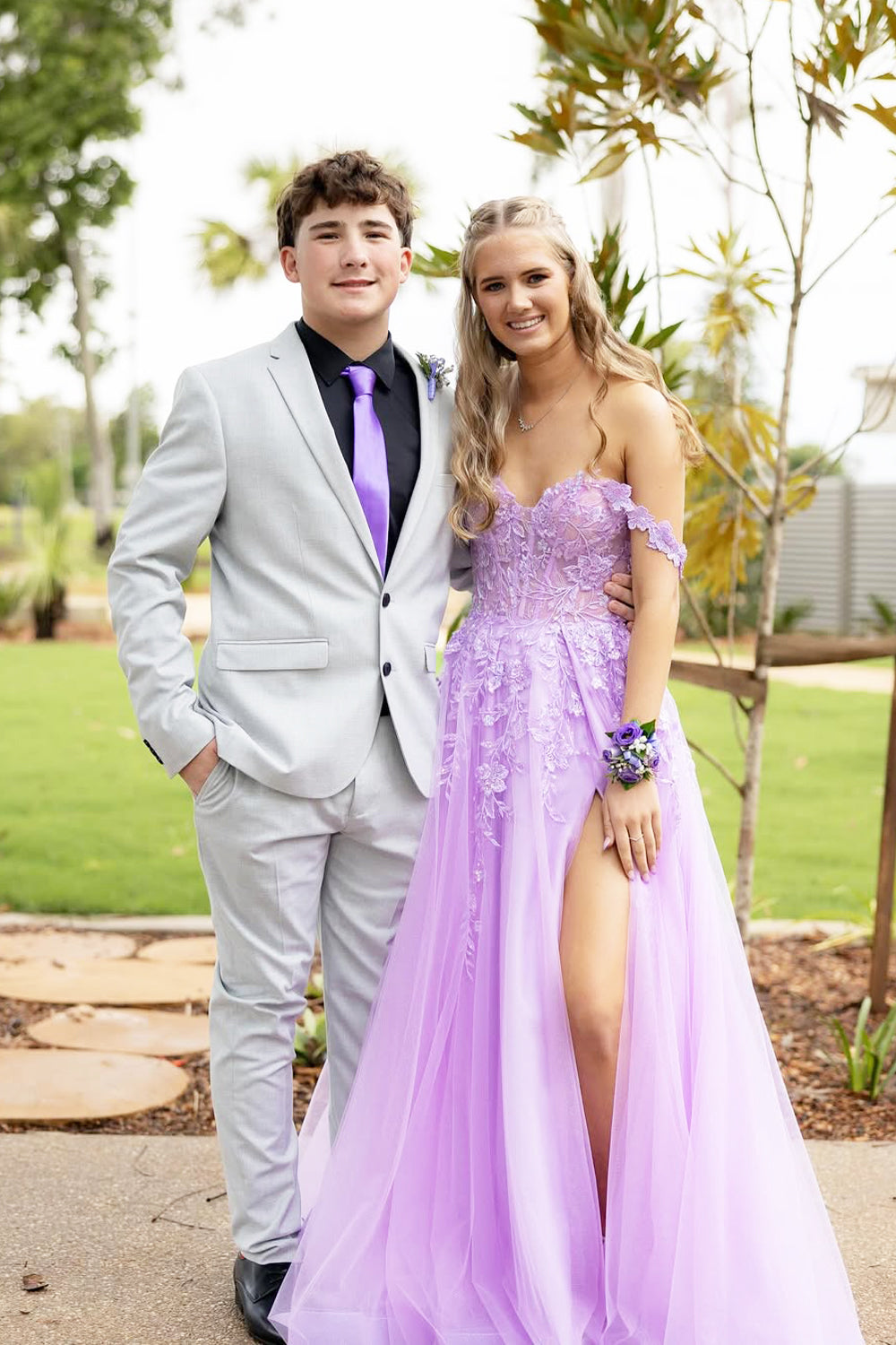 Cute A Line Sweetheart Lavender Tulle Prom Dress with Appliques AB25052831