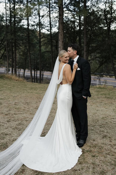 Fashion Mermaid Cowl Neck Silk Satin Wedding Dress with Train AB25050707