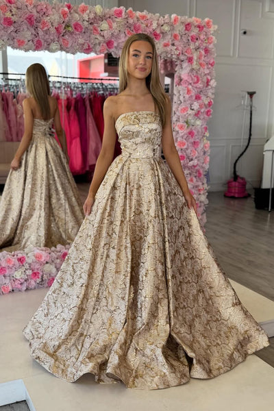 Gorgeous A Line Strapless Gold Jacqaurd Satin Prom Dress with Pearls AB26041709