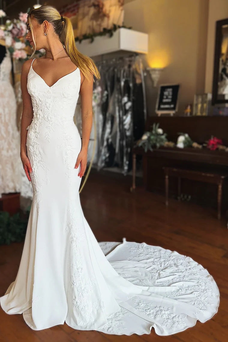 Charming Mermaid V Neck Elastic Satin Long Bridal Dresses with Appliques AB24110605