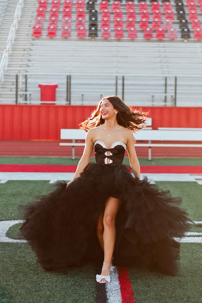 Cute A Line Sweetheart Black Tulle Long Prom Dress with Slit AB24120402