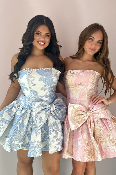 A Line Strapless Light Blue Jacqaurd Satin Homecoming Dress AB26070706