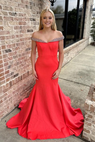 Charming Mermaid Off the Shoulder Red Satin Long Prom Dress with Beading AB112803