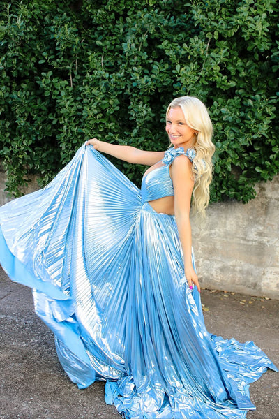 Fashion A Line V Neck Blue Sparkly Pleat Satin Prom Dress AB25093007