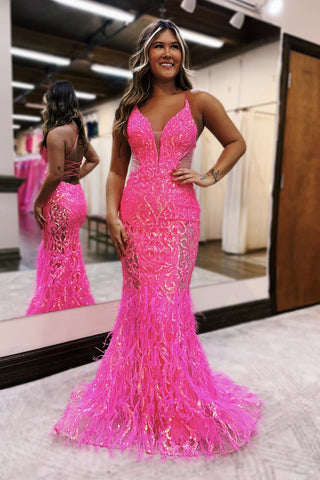 Gorgeous Mermaid V Neck Hot Pink Sequins Lace Long Prom Dress with Feather AB4021004