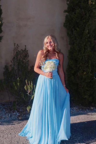 Cute A Line Strapless Light Blue Chiffon Prom Dress with Bow AB26040508