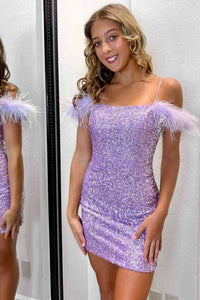 Sparkly Cute Scoop Neck Light Purple Sequins Short Homecoming Dresses with Feather ABHC061806