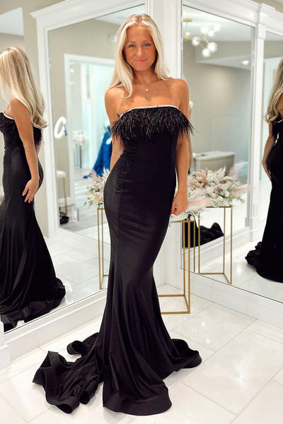 Charming Mermaid Strapless Black Velvet Long Prom Dress with Feather AB100404