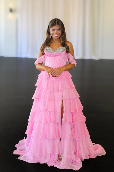 Gorgeous A Line Sweetheart Pink Chiffon Tiered Prom Dress with Beading AB25120601