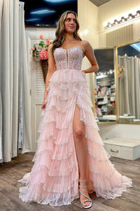 Cute A Line Sweetheart Light Pink Tulle Tiered Long Prom Dresses with Beading AB122501