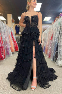 Charming A Line V Neck Black Tulle Tiered Prom Dress with Beading AB120803