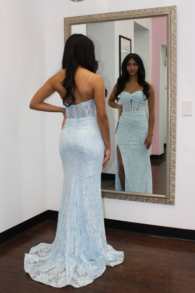 Mermaid Sweetheart Baby Light Blue Lace Prom Evenning Dress with Slit AB26033009