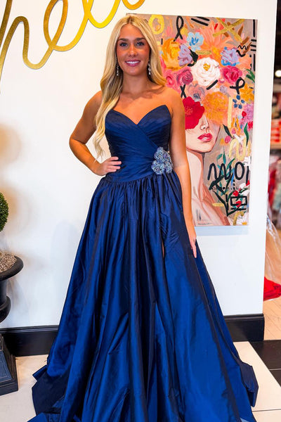 Gorgeous A Line V Neck Royal Blue Satin Long Prom Dress with Beading AB26030511