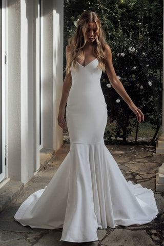 Fairy Mermaid V Neck Elastic Satin Long Wedding Dresses AB093001