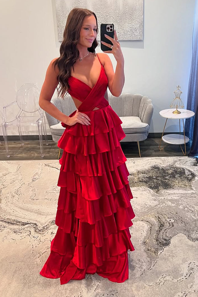 Cute A Line V Neck Red Satin Tiered Long Prom Dress with Slit AB24121808 Anniebride Cute A Line V Neck Red Satin Tiered Long Prom Dress with Slit AB24121808 Anniebride