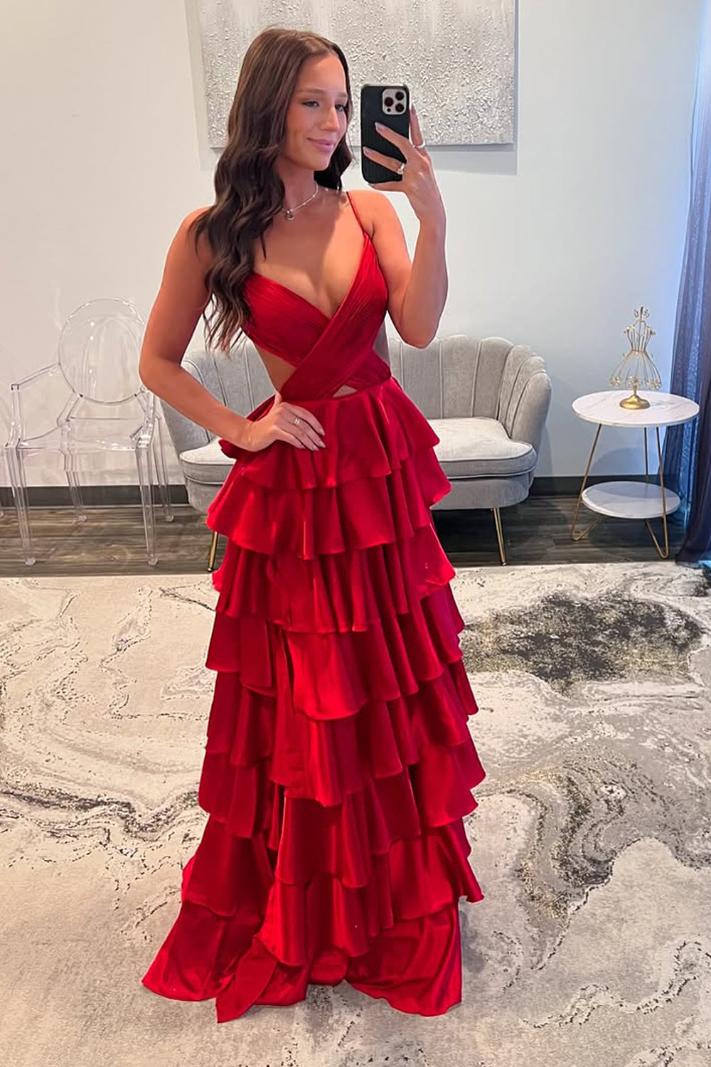 Cute A Line V Neck Red Satin Tiered Long Prom Dress with Slit AB24121808 Anniebride Cute A Line V Neck Red Satin Tiered Long Prom Dress with Slit AB24121808 Anniebride