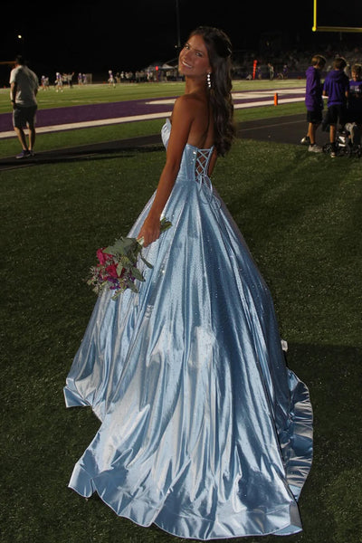 Gorgeous A Line Scoop Neck Light Blue Satin Long Prom Dress with Rhinestones AB25100705