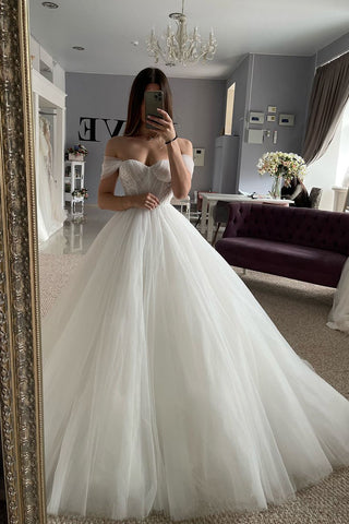 Fairy A Line Off the Shoulder Tulle Long Bridal Dresses AB241113