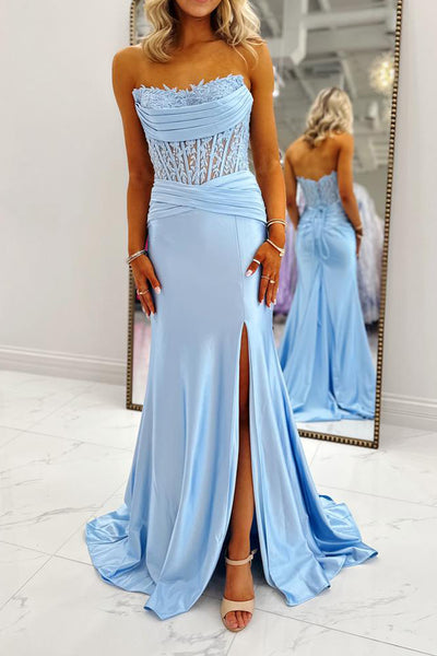 Mermaid Scoop Neck Light Blue Satin Long Prom Dress with Slit AB26020909