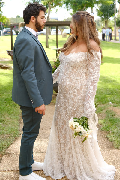 Boho Mermaid Off the Shoulder Lace Wedding Dress with Long Sleeves AB26101606