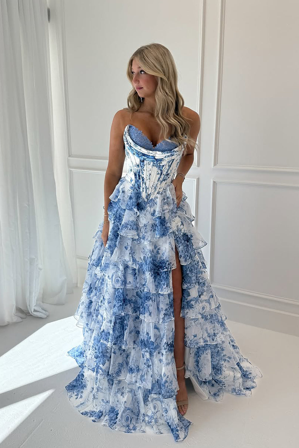 A Line Sweetheart Floral Chiffon Tiered Prom Dress with Slit AB25102603