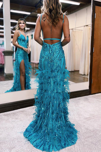 Charming Mermaid V Neck Jade Sequins Long Prom Dresses with Feather AB111901