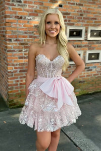 Cute A-Line Sweetheart Pink Tiered Homecoming Dress with Appliques AB25091104