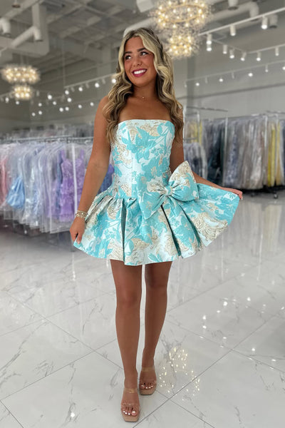 Cute A Line Strapless Mint Jacquard Satin Homecoming Dress with Bow AB26060908