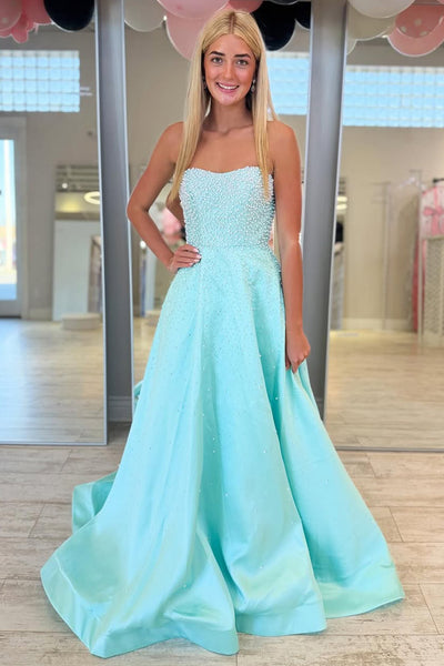 Fashion A Line Strapless Blue Hot Fix Satin Prom Dress with Beading AB26032603