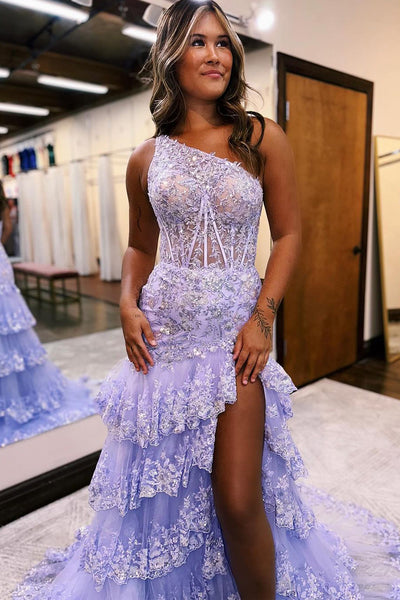 Sparkly One Shoulder Lavender Lace Long Prom Dresses with Slit AB101503
