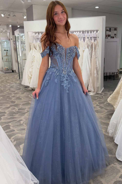 Fairy A Line Off the Shoulder Dusty Blue Tulle Prom Dress with Appliques AB26102904