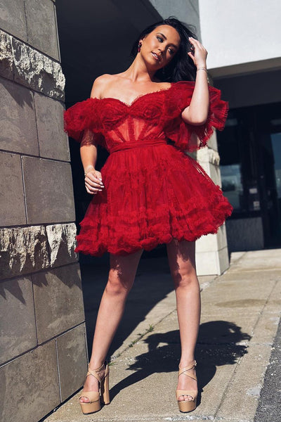 Cute A Line Off the Shoulder Red Tulle Short Homecoming Dresses AB070704