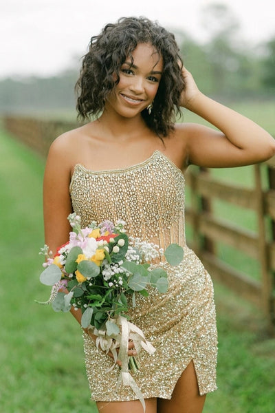Cute Bodycon Scoop Neck Gold Sqeuins Tight Short Homecoming Dresses with Beading AB240926010