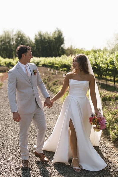Gorgeous A Line Strapless Satin Long Wedding Dress with Slit AB25052816