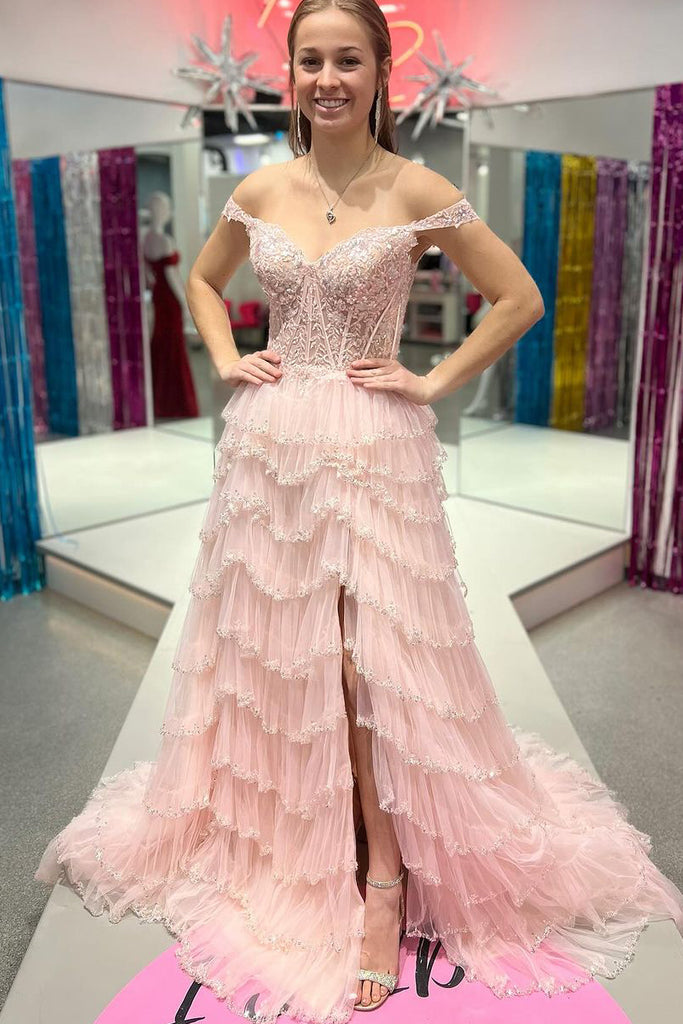 Cute A Line Sweetheart Light Pink Tulle Tiered Long Prom Dresses with Beading AB122501 Anniebride Cute A Line Sweetheart Light Pink Tulle Tiered Long Prom Dresses with Beading AB122501 Anniebride