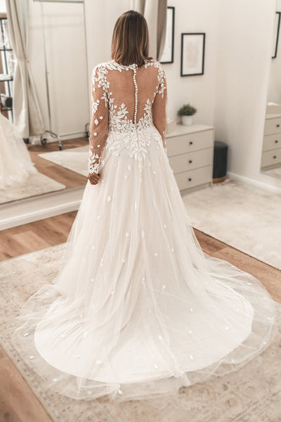 Boho A Line V Neck Tulle Long Sleeves Wedding Dress with Appliques AB25092807