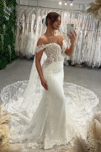 Gorgeous Off the Shoulder Mermaid Sequins Lace Wedding Dress with Appliques AB26022810