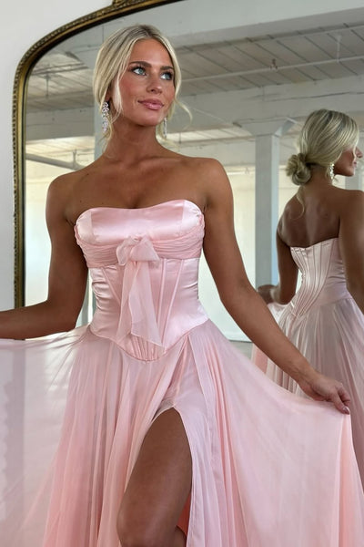 Cute A Line Strapless Light Blue Chiffon Long Prom Dress with Slit AB2622804