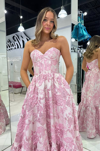 Cute A Line Sweetheart Pink Jacquard Satin Long Prom Dress with Pockets AB25010604