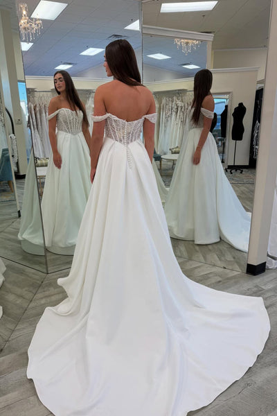 Gorgeous A Line Off the Shoulder White Satin Wedding Dress with Pockets AB26012006