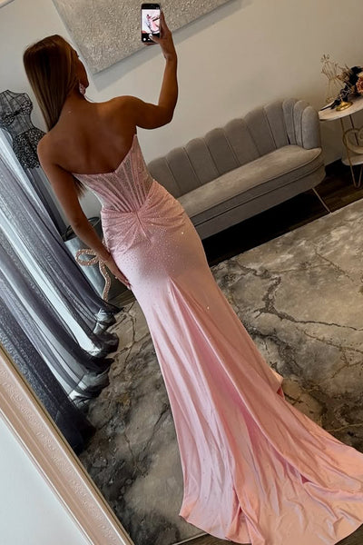 Stunning Mermaid Scoop Neck Pink Hot Fix Satin Prom Dress with Slit AB26012905