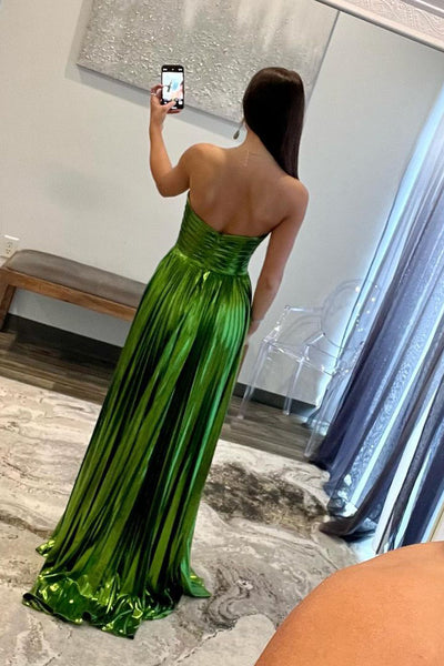 Cute Sheath Sweetheart Sparkly Green Satin Long Prom Dress with Slit AB4011302