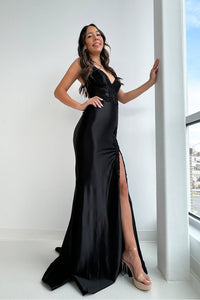 Cute Mermaid V Neck Black Elastic Satin Long Prom Dress with Applqiues AB25010210