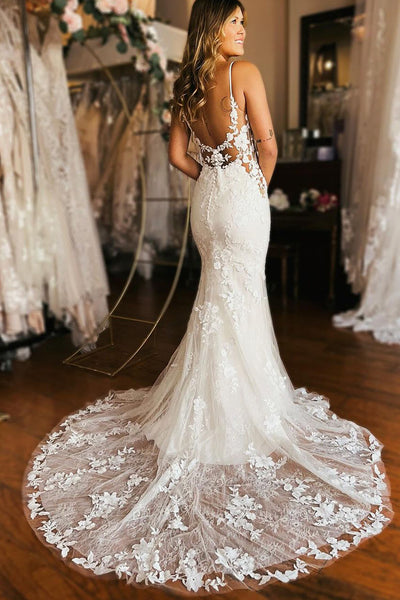 Elegant Mermaid V Neck Lace Wedding Dresses with Appliques AB4011705