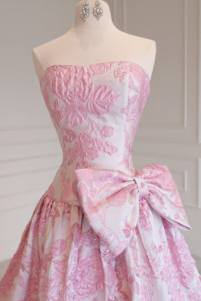 Cute A Line Sweetheart Pink Jacquard Satin Prom Dress with Bow AB26012908