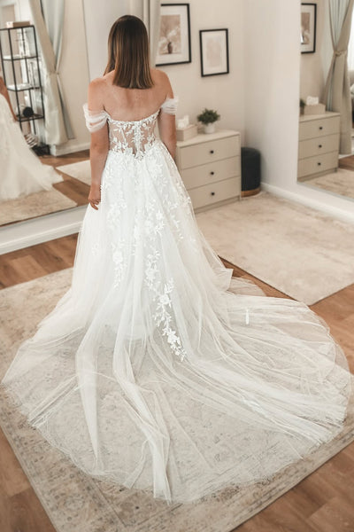 Fairy A Line Off the Shoulder Tulle Wedding Dress with Appliques AB25092520