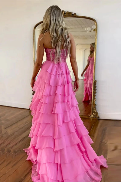 Cute A-Line Strapless Light Blue Ruffle Tiered Chiffon Long Prom Dress AB4033002