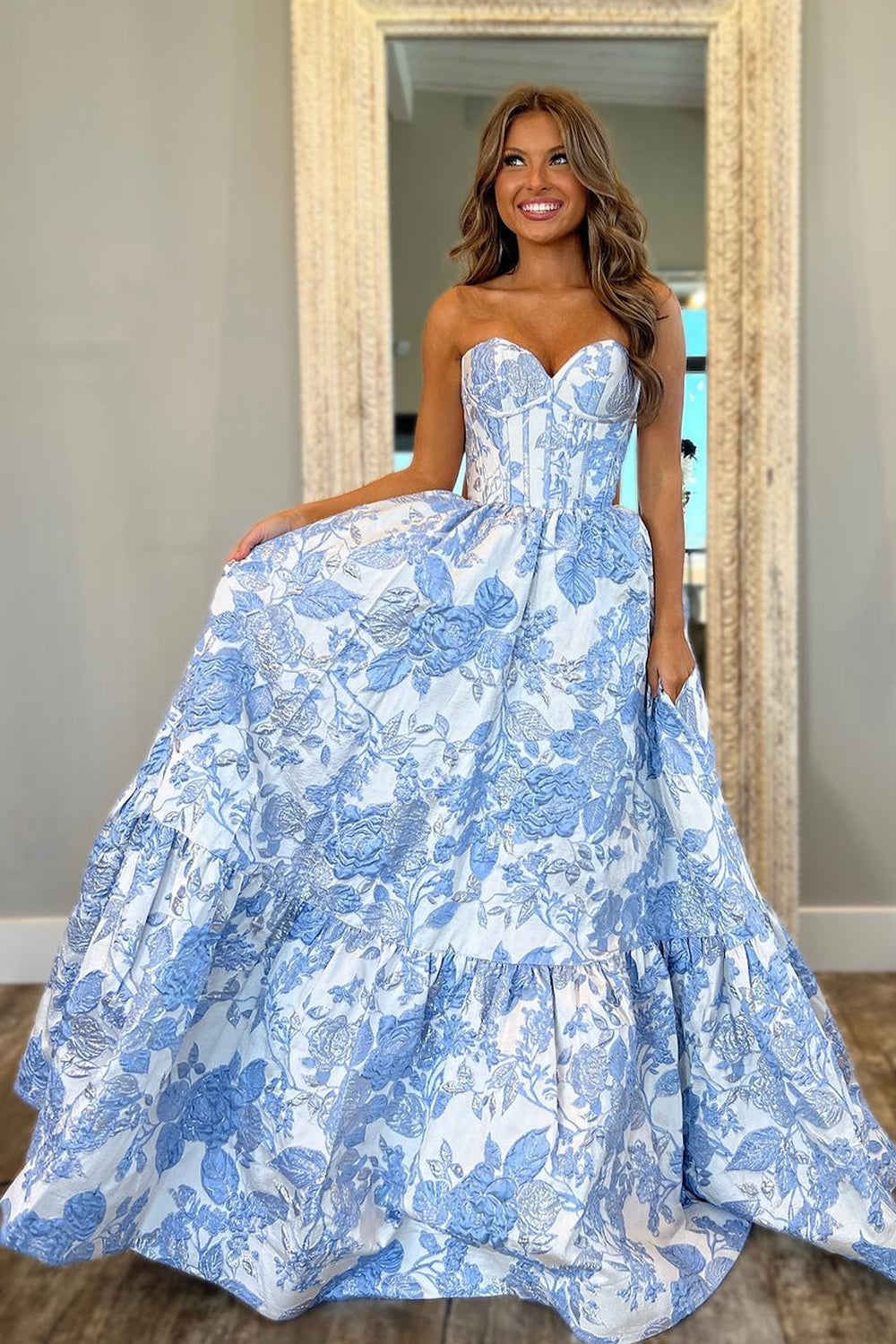 jacquard prom dress Cute A Line Sweetheart Light Blue Jacquard Satin Prom Dress AB24120305 – Anniebride